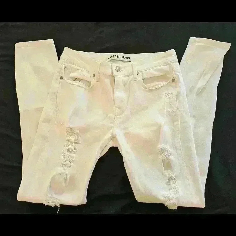 Express Jeans Women's Ripped Distressed White Skinny Jeans